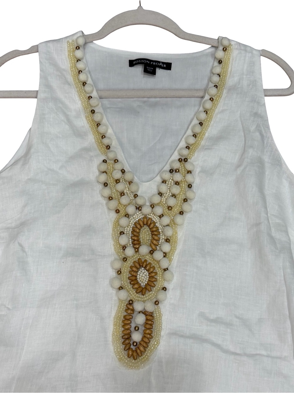 ✨ Boston Proper Linen White Shift Dress Yellow Gold Beaded Detail Size Medium - Picture 12 of 13